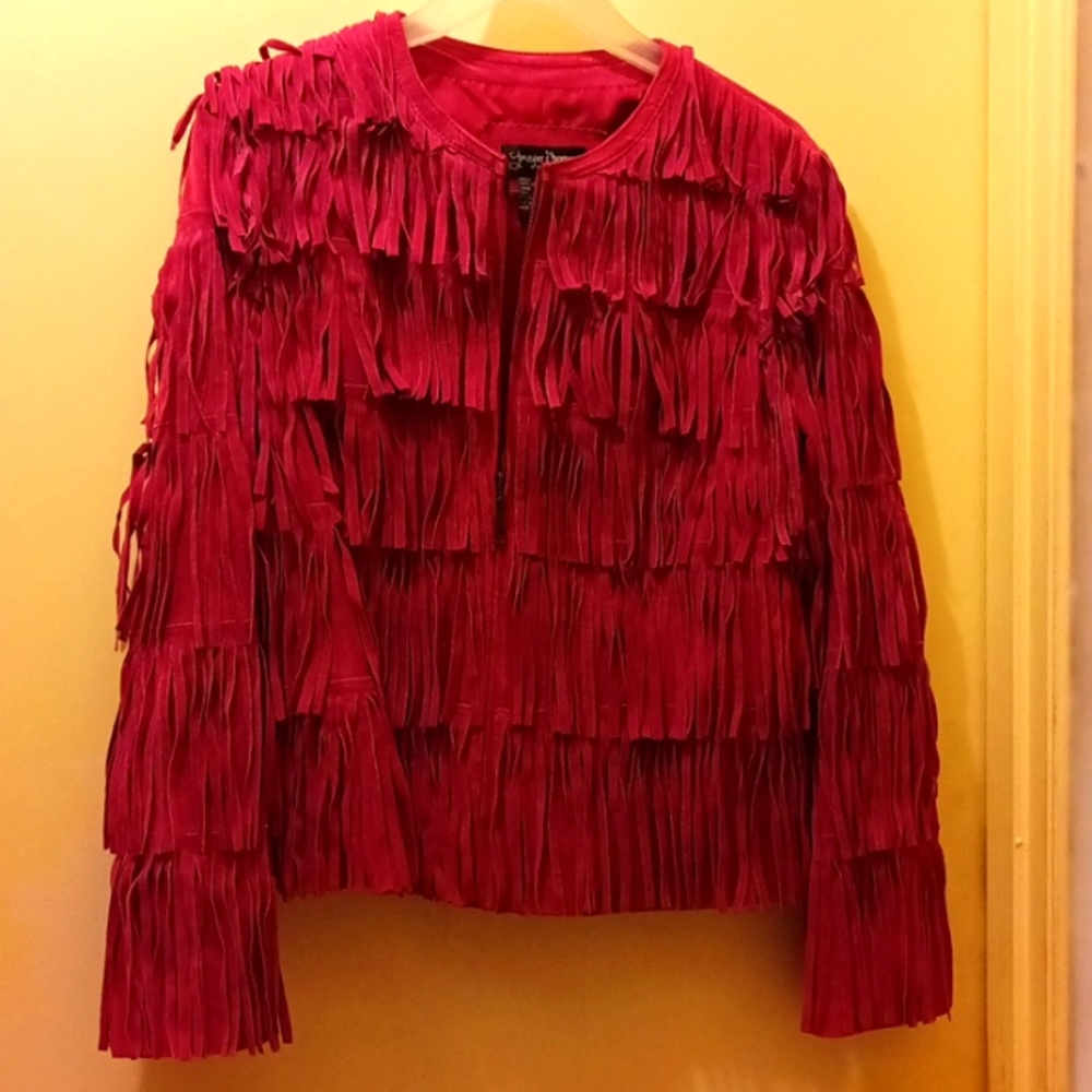 Prosper and devine leather fringe jacket purple medium
